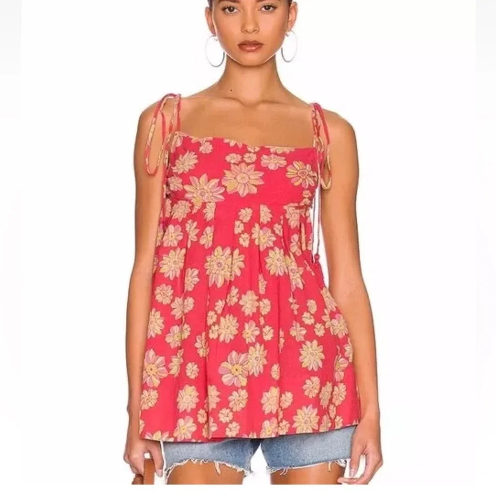 NWT Free People MOLLY SLEEVELESS COTTON TUNIC IN HOLLYHOCK COMBO